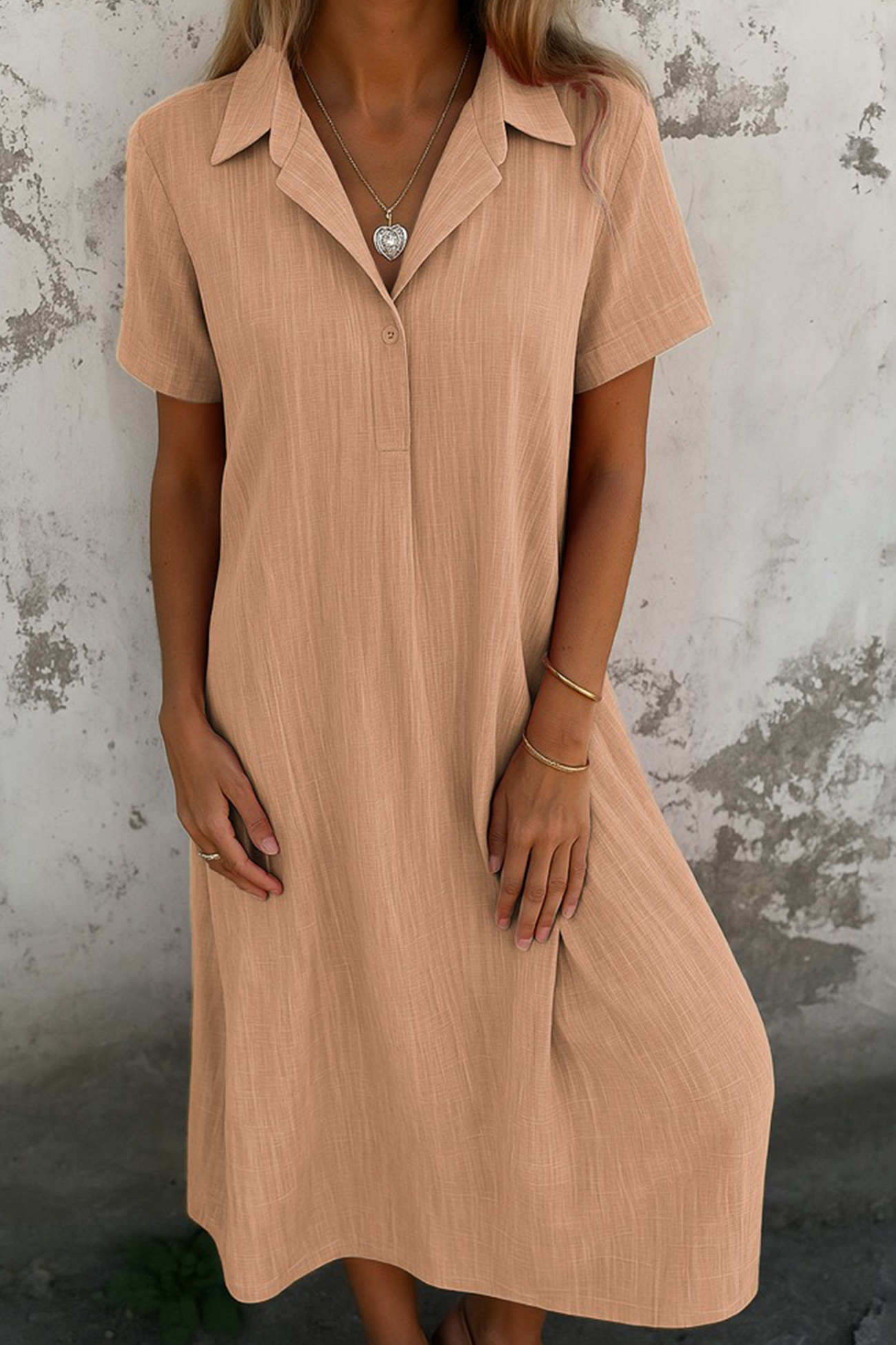 V-Neck Solid Color Short-Sleeve Shirt Dress