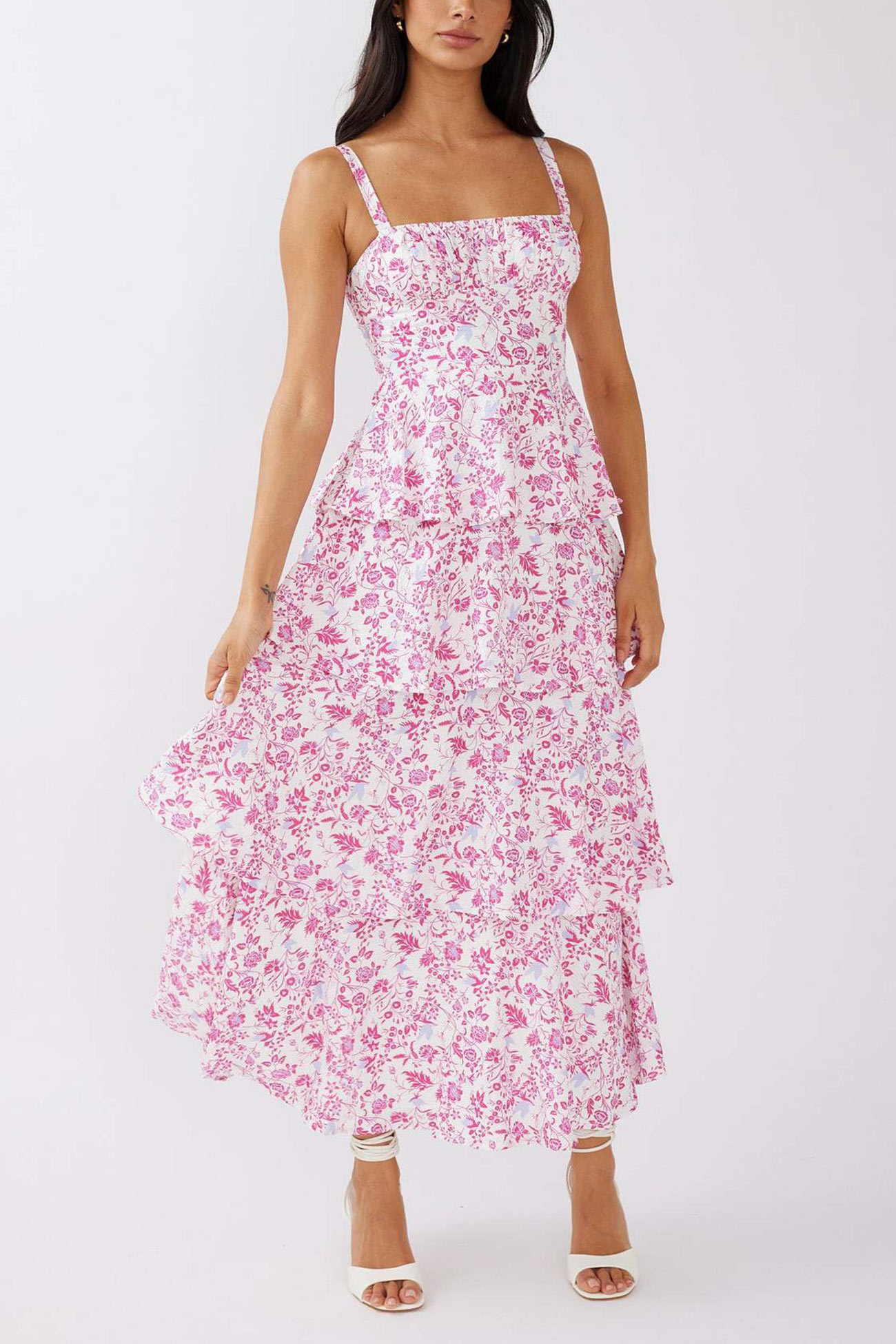 Floral Print Tie-up Tiered Midi Dress
