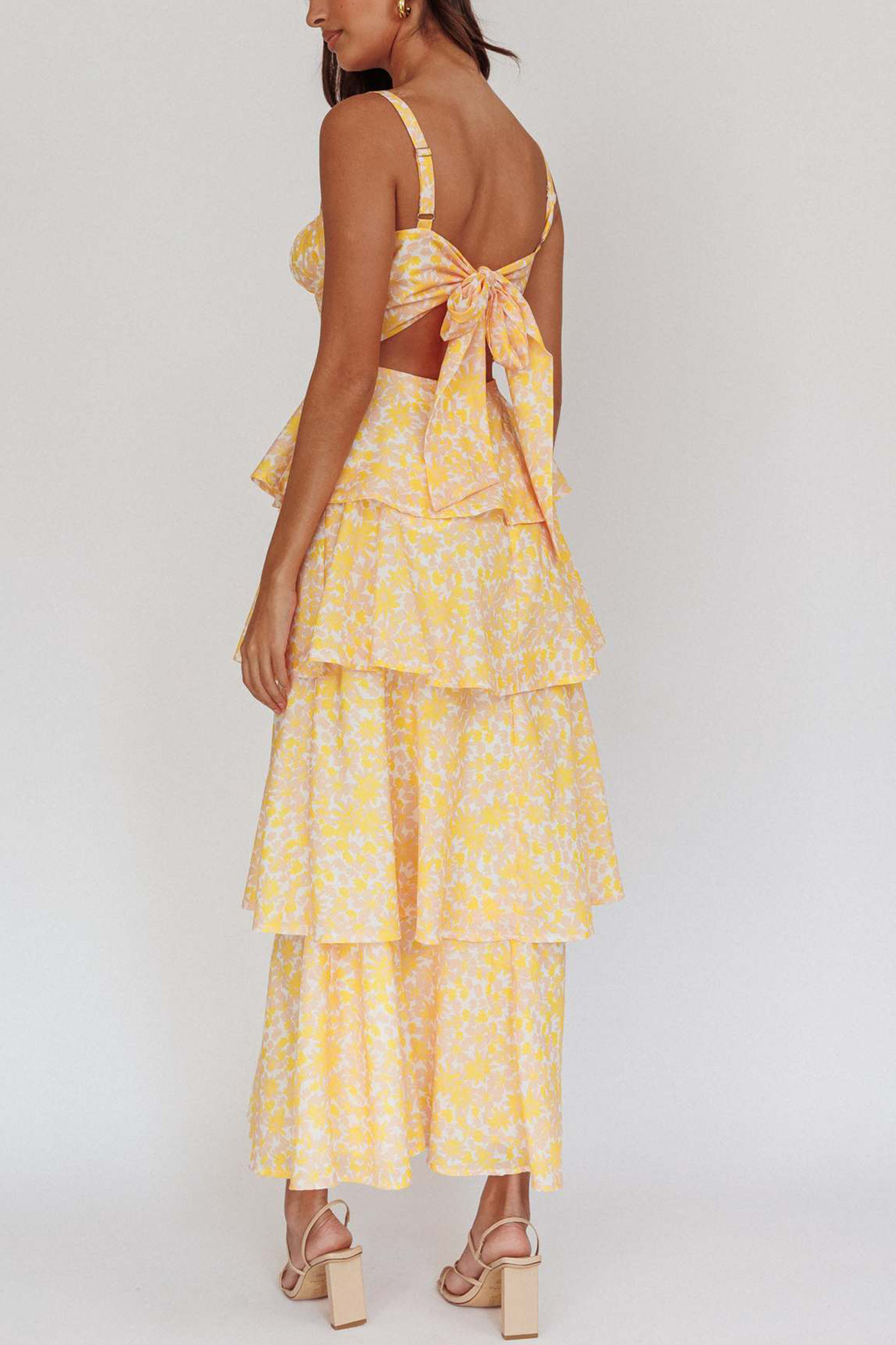 Floral Print Tie-up Tiered Midi Dress