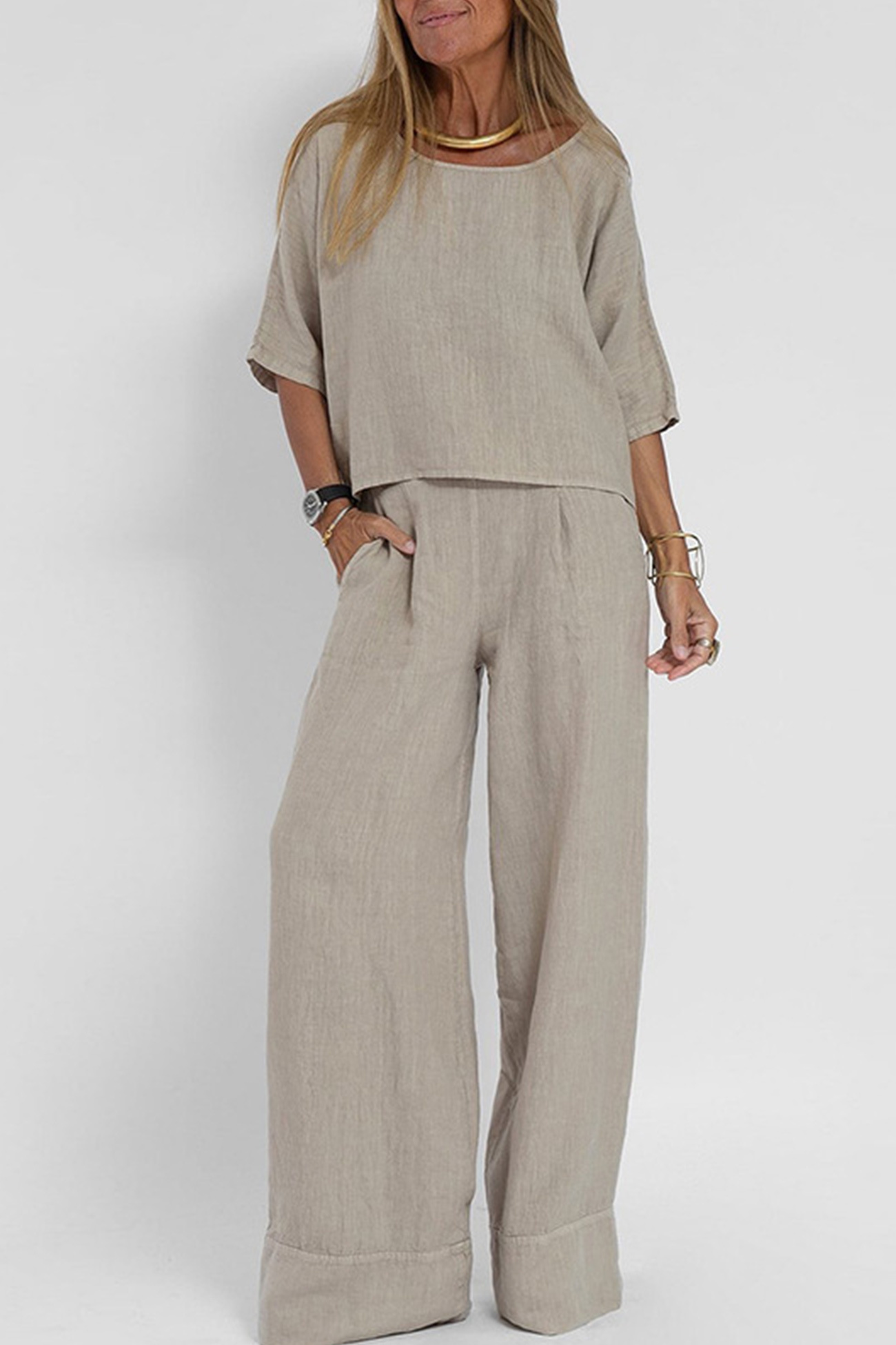 Solid Color Half Sleeve Cotton Shirt Pants Set