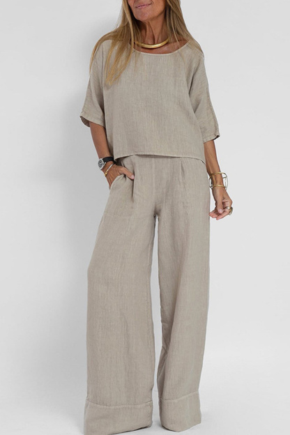 Solid Color Half Sleeve Cotton Shirt Pants Set