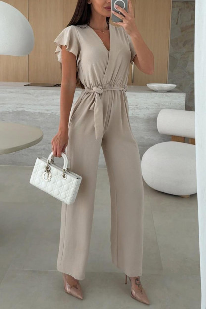 Ruffled Sleeve Tie-up Waisted Jumpsuits