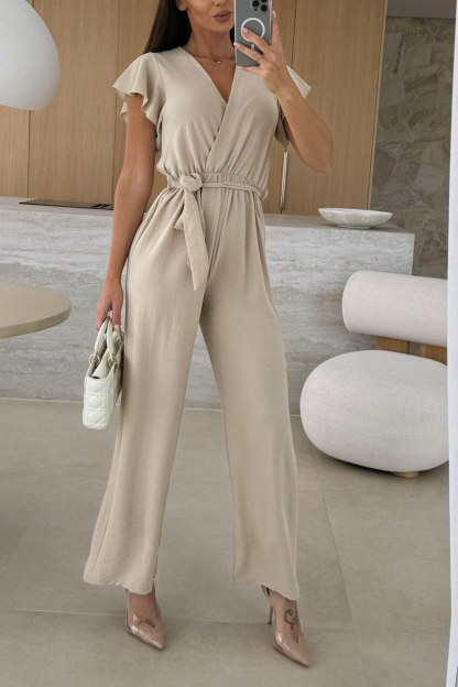 Ruffled Sleeve Tie-up Waisted Jumpsuits