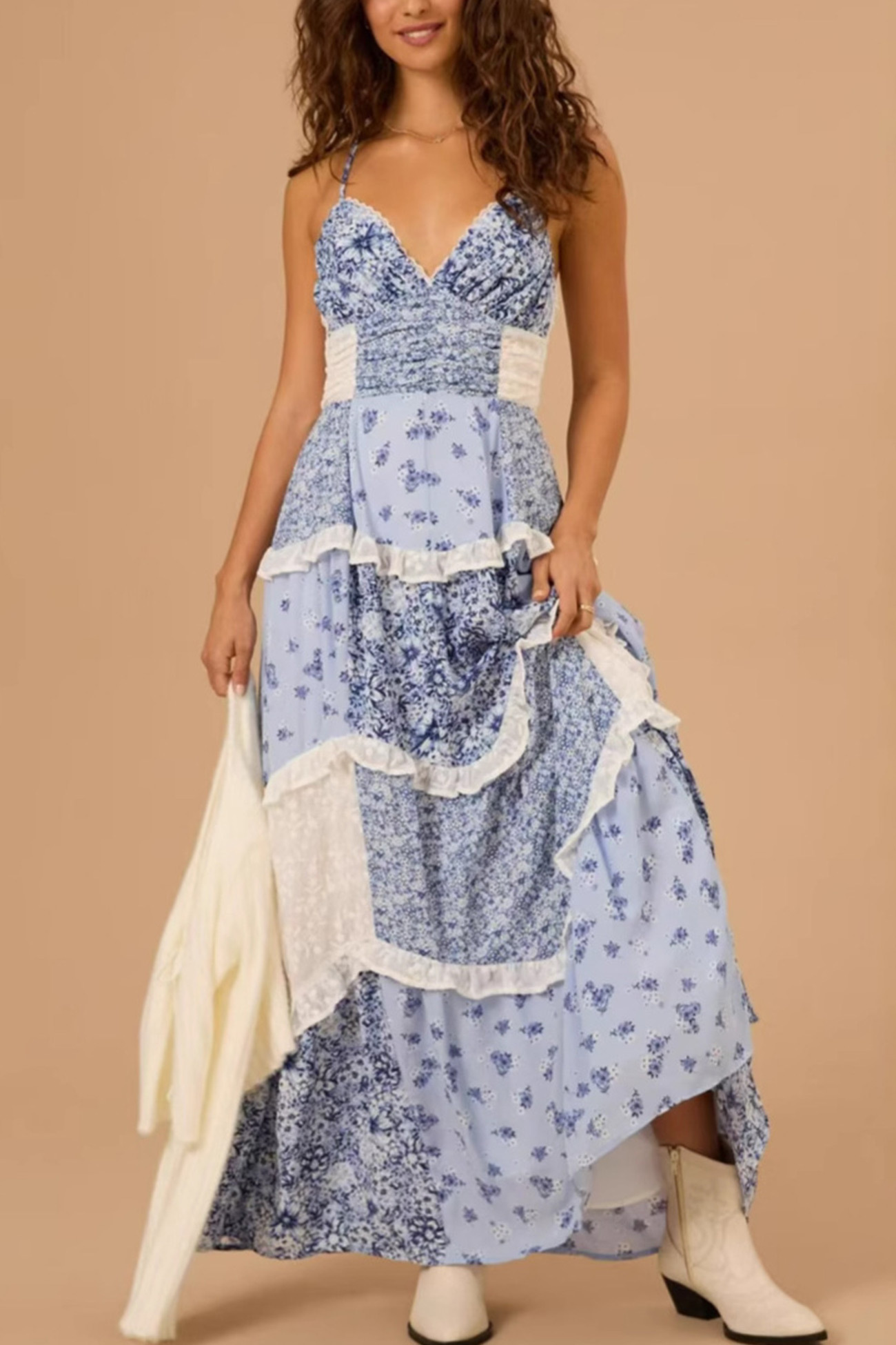 Floral Print Lace Patchwork Cami Dress