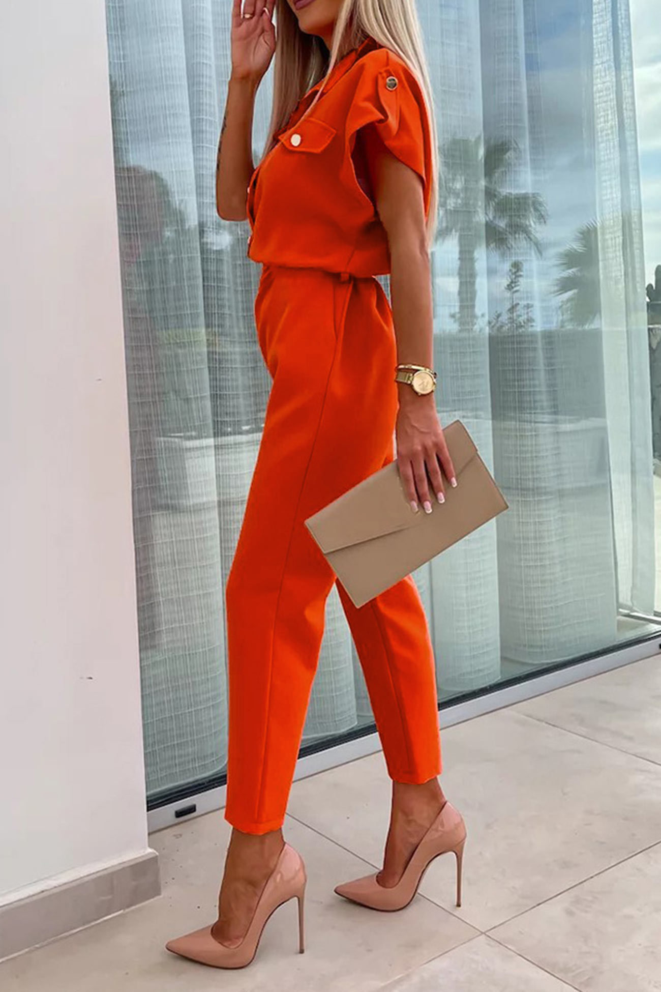 Cap Sleeve High Waist Cargo Jumpsuits