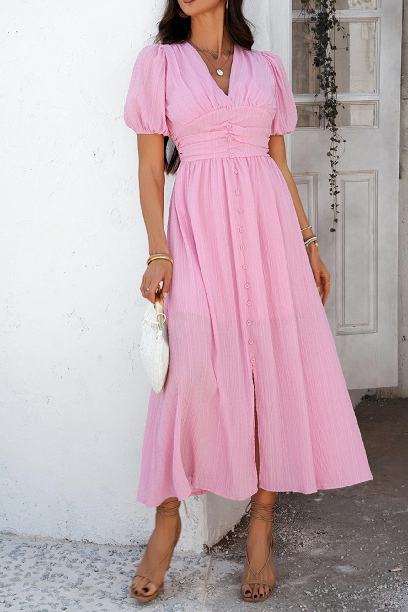 Puff Sleeve Single Breasted Slit Dress