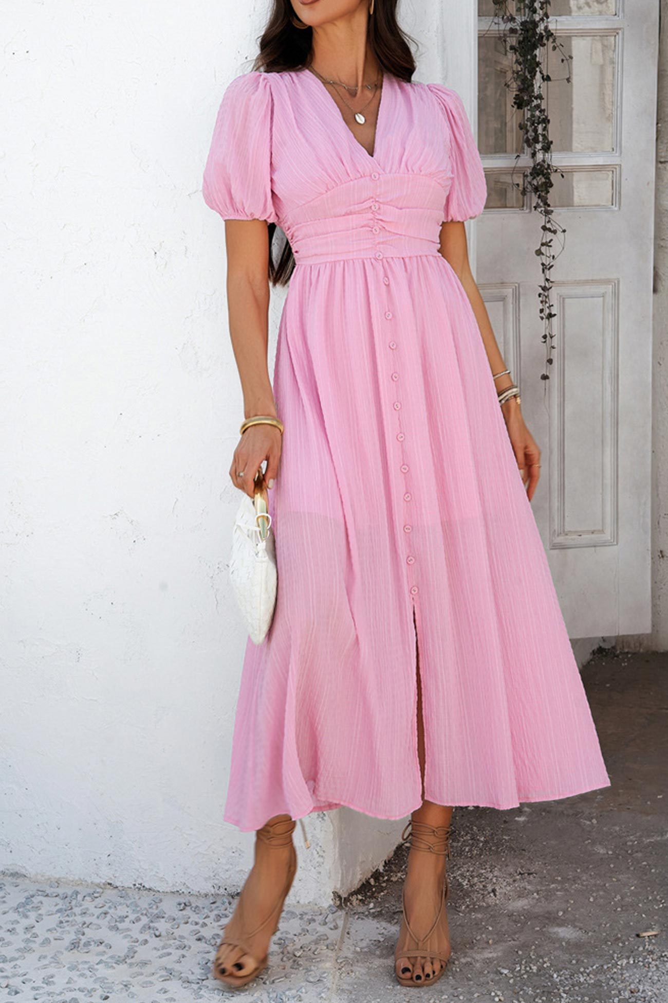 Puff Sleeve Single Breasted Slit Dress