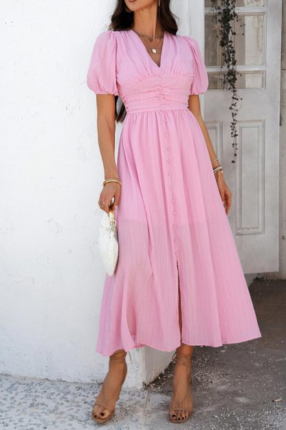 Puff Sleeve Single Breasted Slit Dress