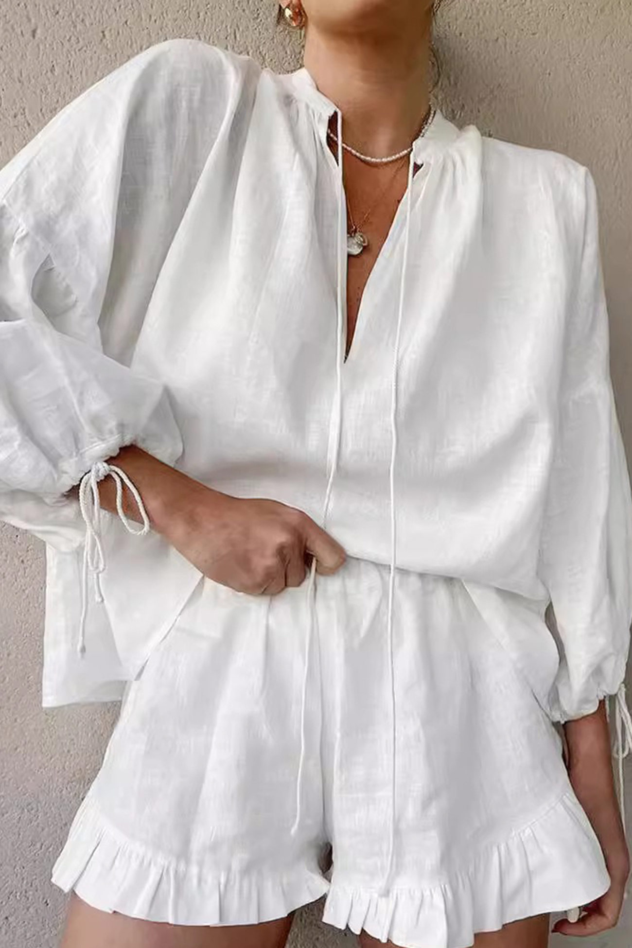 V-neck Lantern Sleeve Cotton Shirt Set