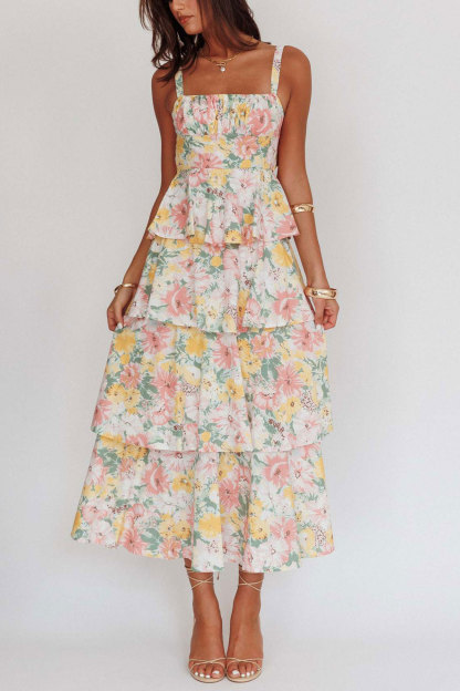 Floral Print Tie-up Tiered Midi Dress