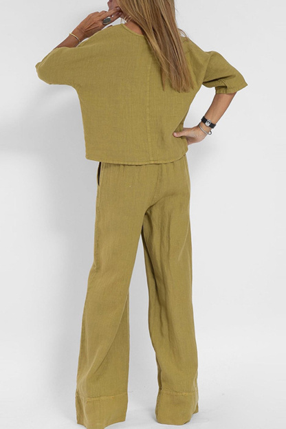Solid Color Half Sleeve Cotton Shirt Pants Set
