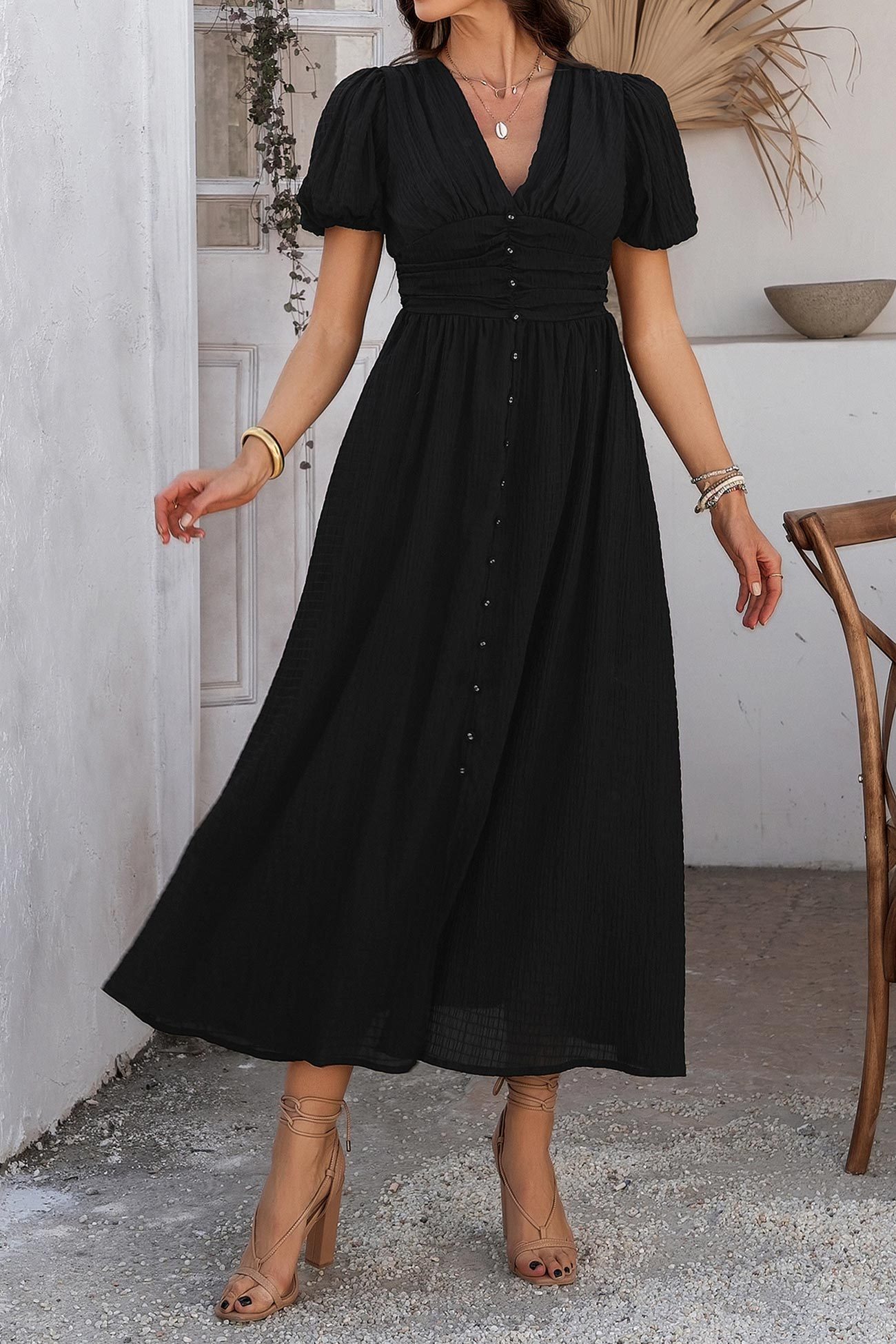 Puff Sleeve Single Breasted Slit Dress