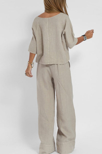 Solid Color Half Sleeve Cotton Shirt Pants Set
