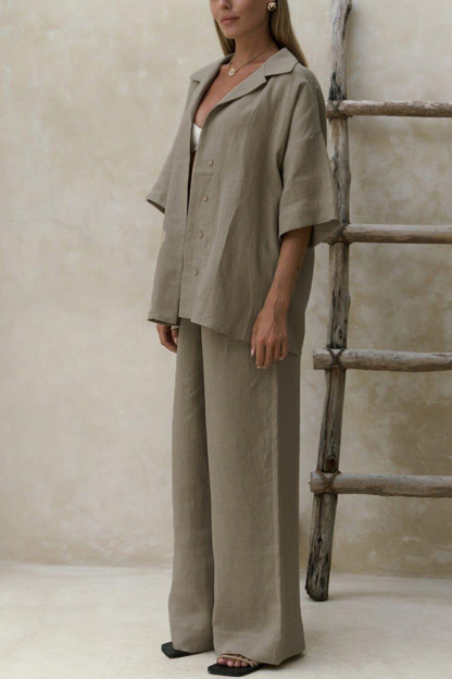 Solid Color Cotton Half Sleeve Blouse Pants Set