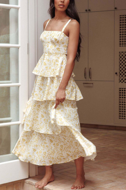 Floral Print Tie-up Tiered Midi Dress