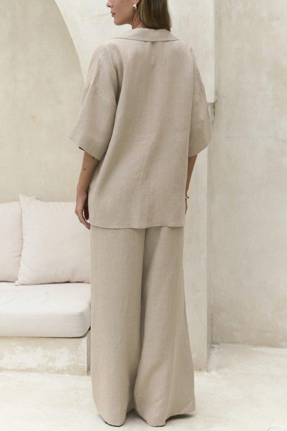 Solid Color Cotton Half Sleeve Blouse Pants Set