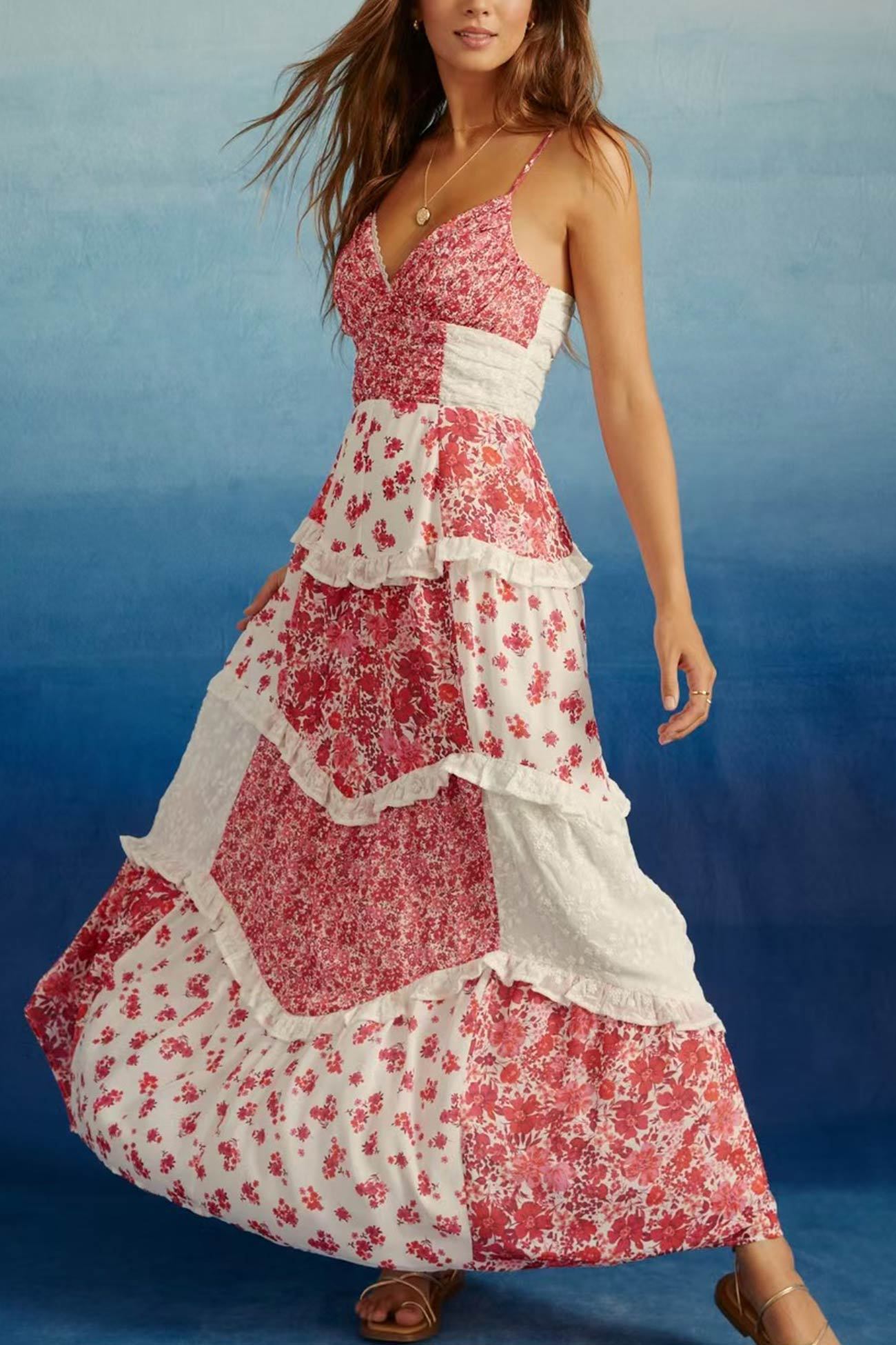 Floral Print Lace Patchwork Cami Dress