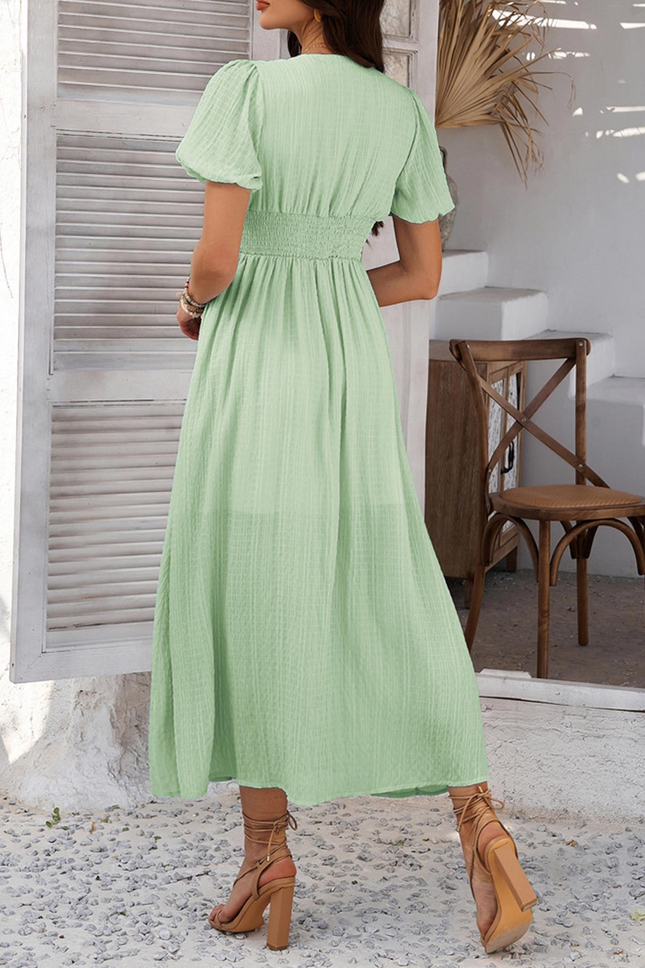 Puff Sleeve Single Breasted Slit Dress