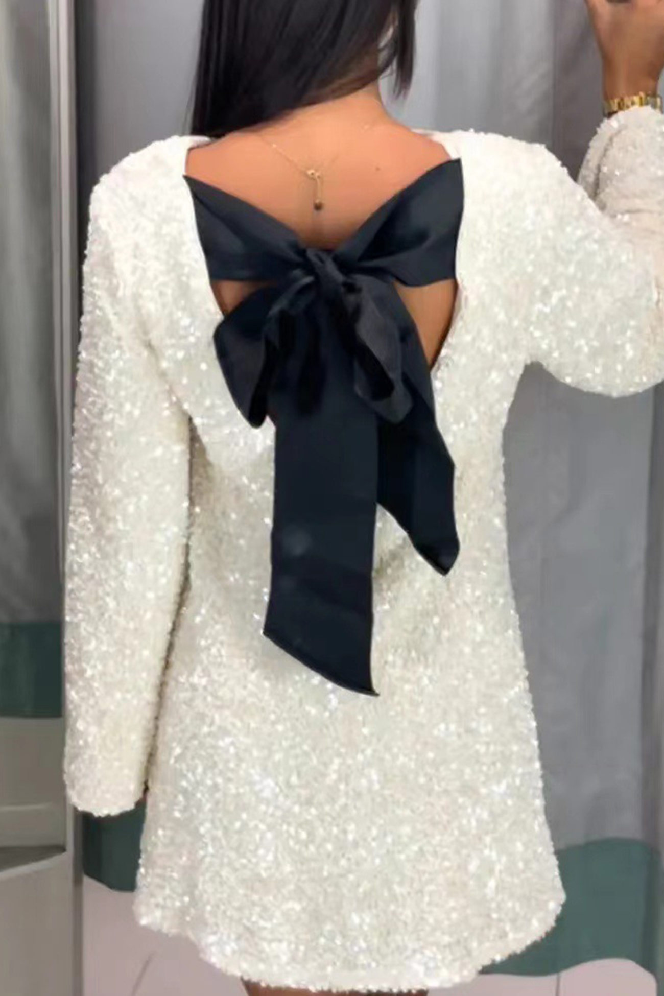 Back Bow Tie Sequin Mini Dress