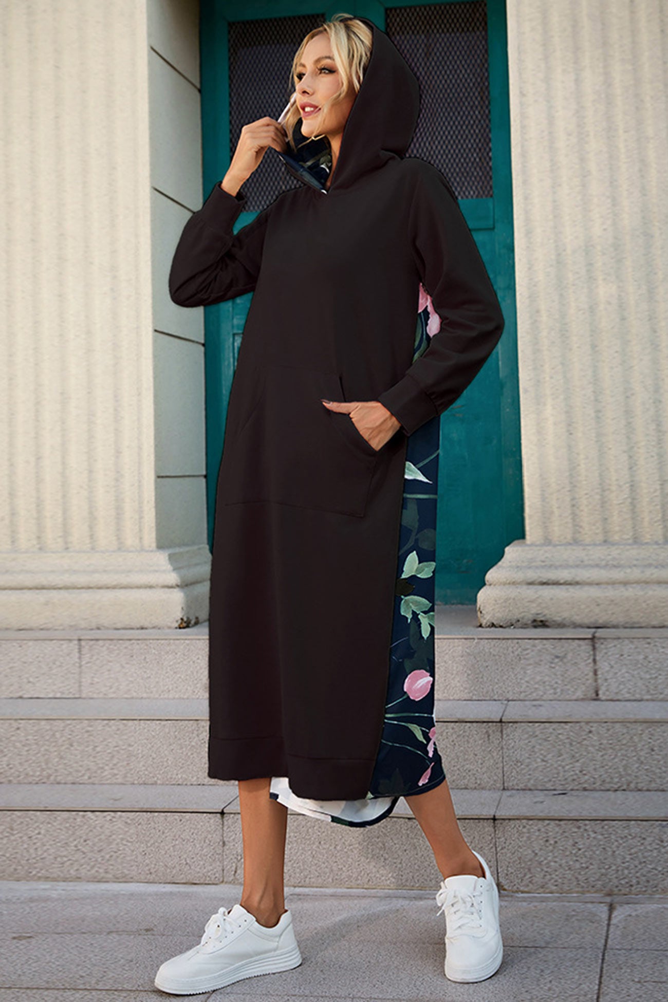 Back Floral Print Patchwork Cotton Long Hoodie