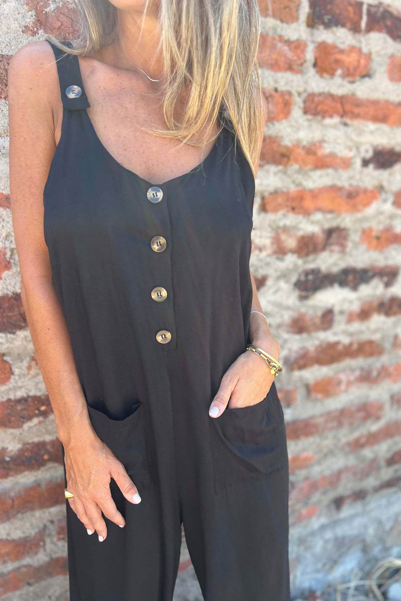 Button Closure Backless Loose Overalls