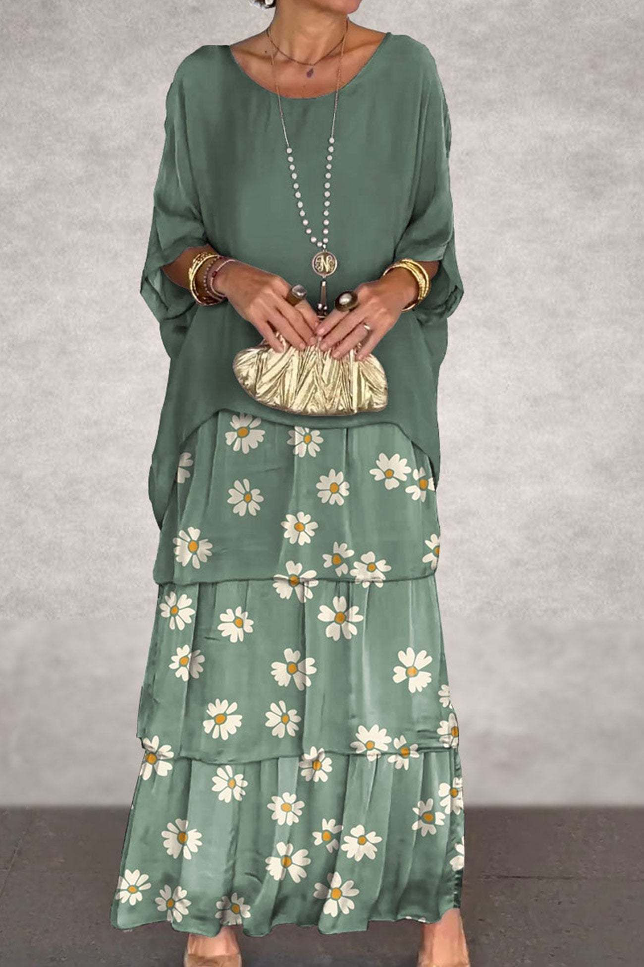 Chiffon Bat Sleeve Tops Tiered Skirt Suits