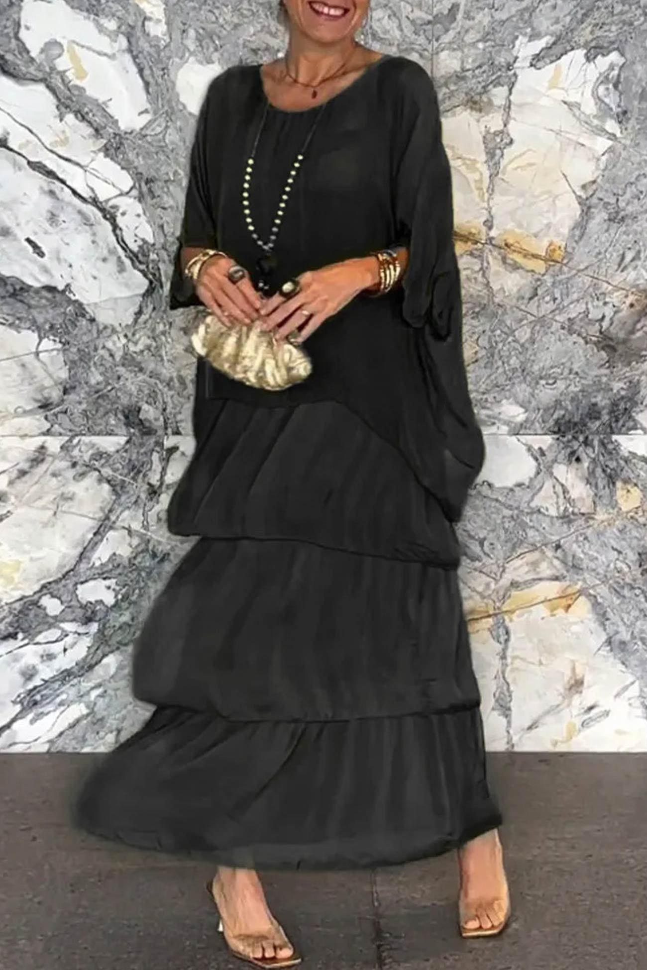 Chiffon Bat Sleeve Tops Tiered Skirt Suits