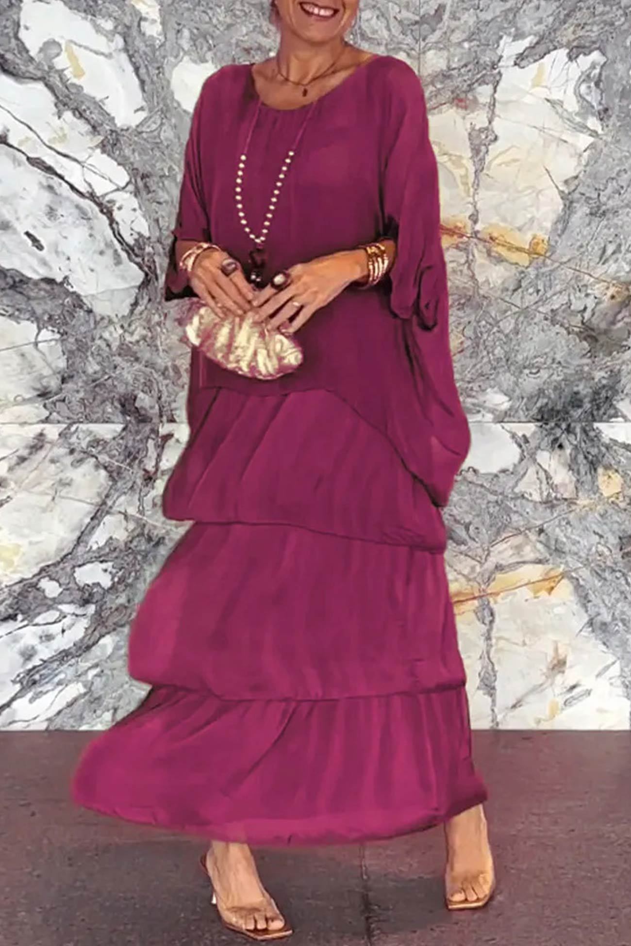Chiffon Bat Sleeve Tops Tiered Skirt Suits