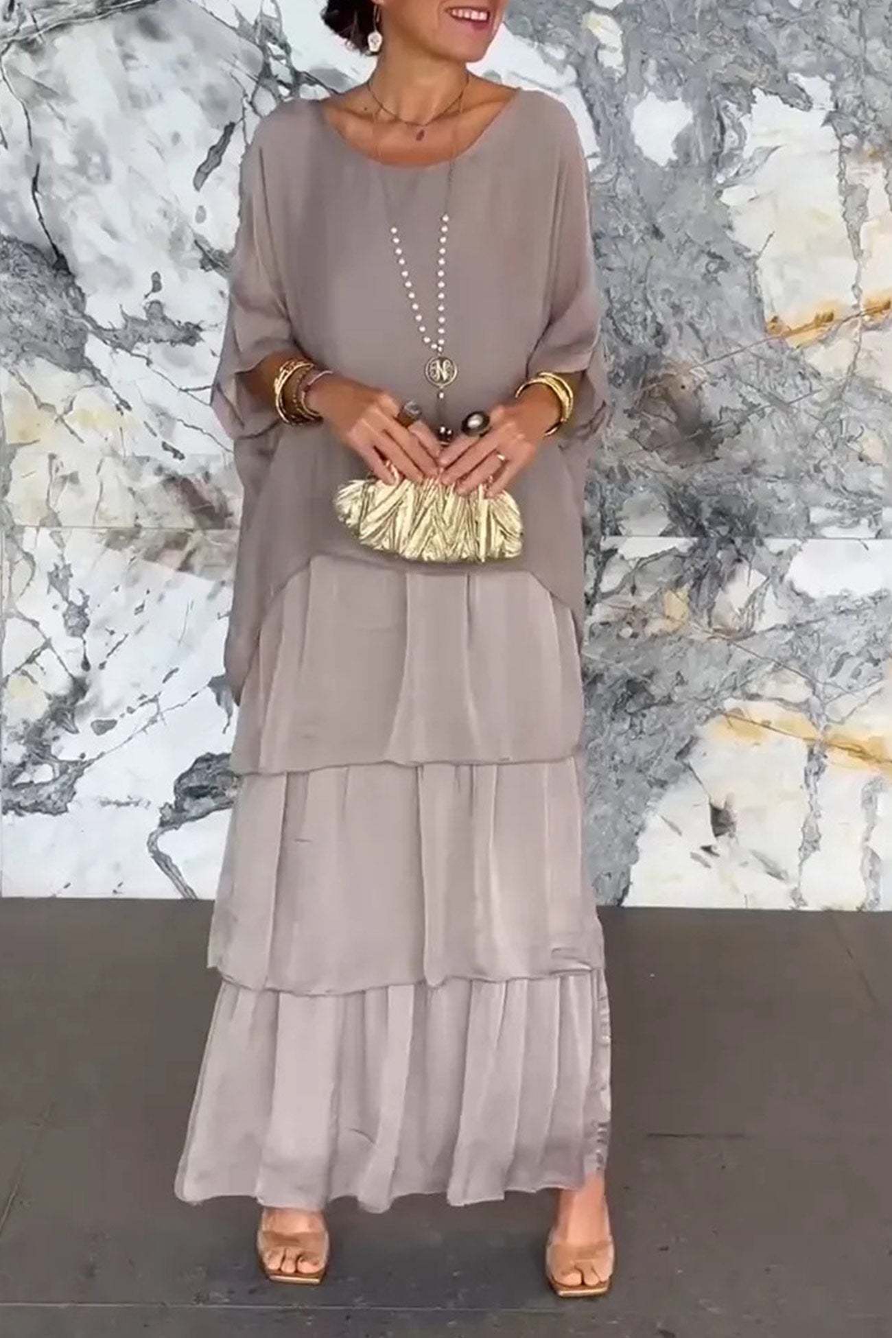 Chiffon Bat Sleeve Tops Tiered Skirt Suits