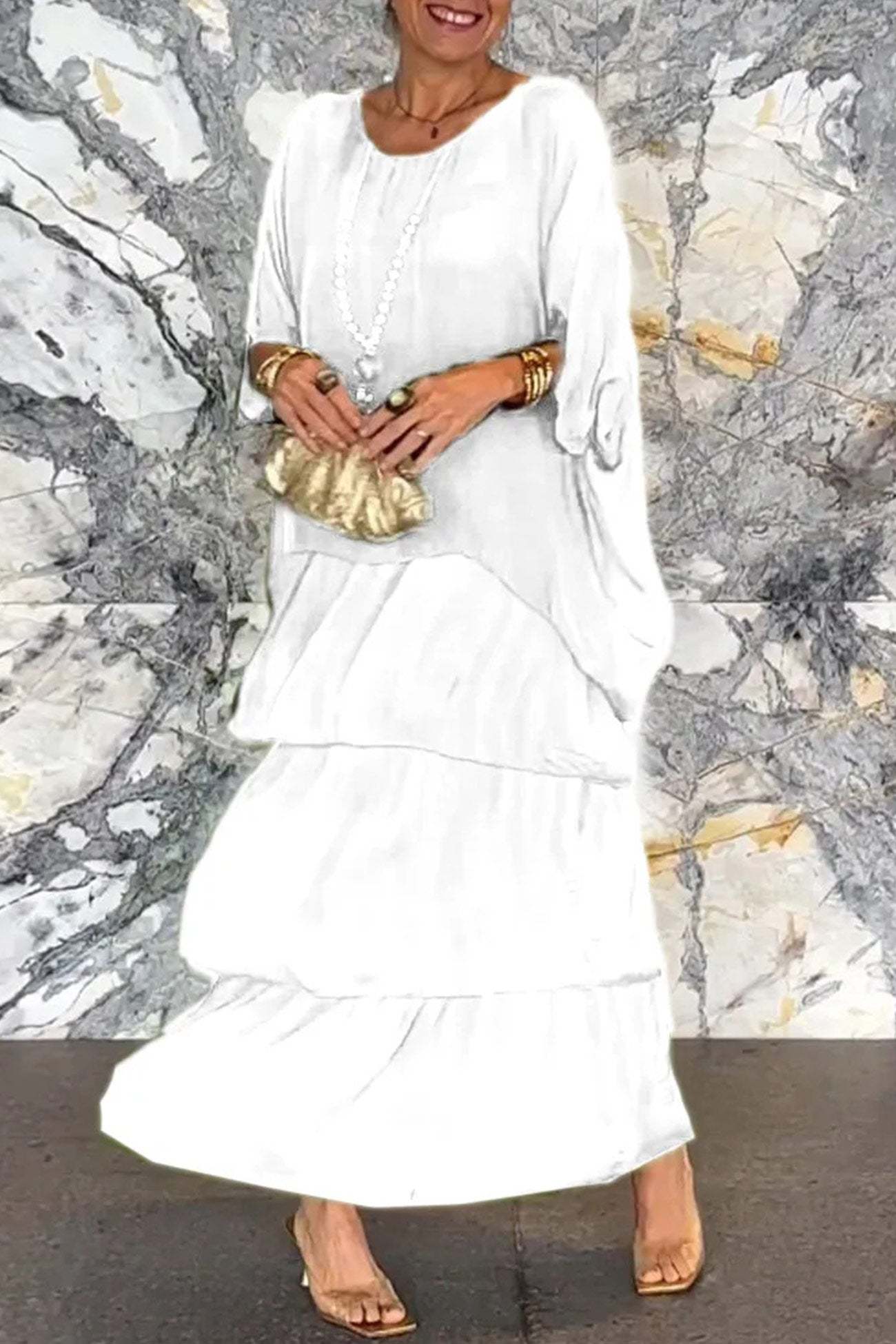 Chiffon Bat Sleeve Tops Tiered Skirt Suits