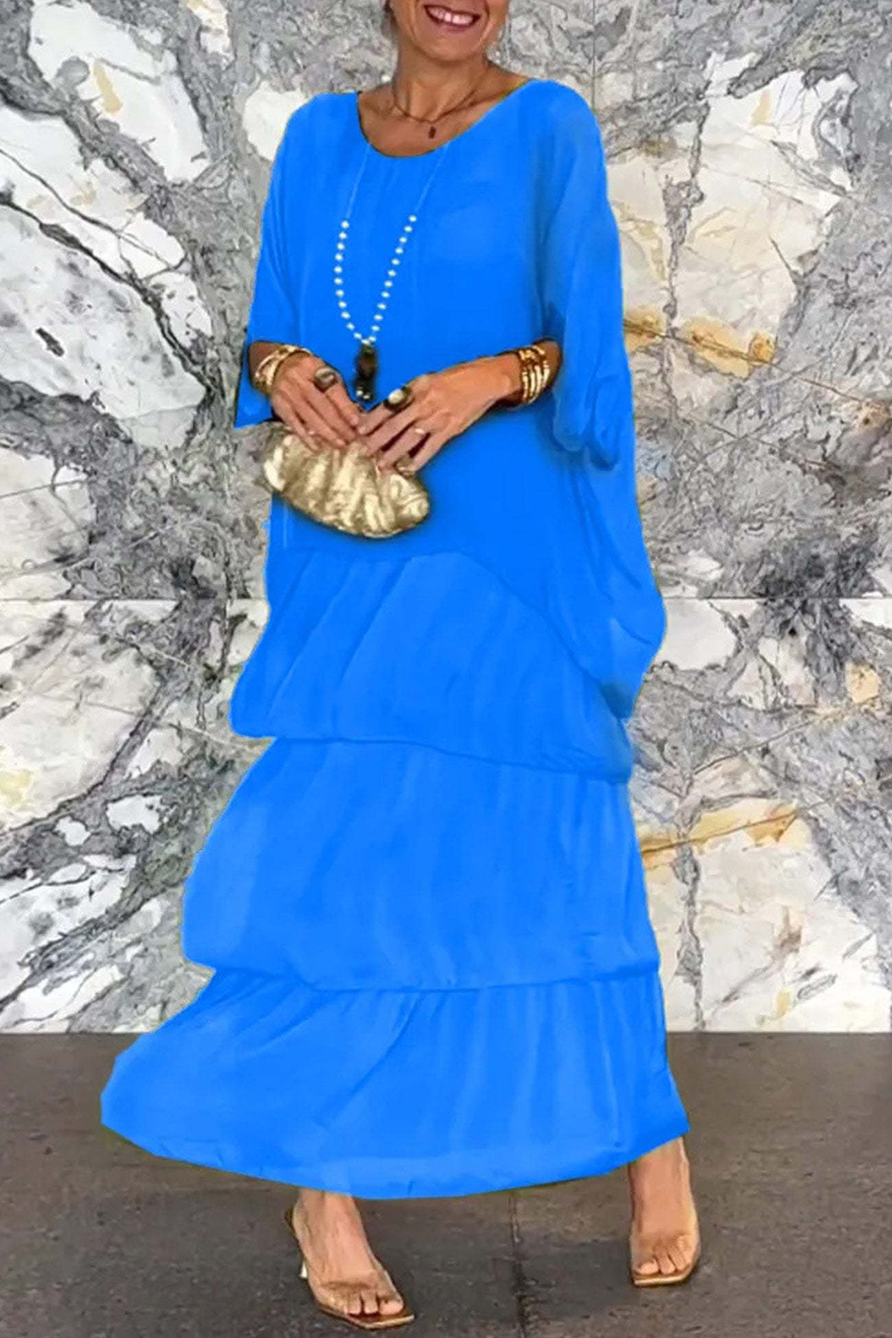 Chiffon Bat Sleeve Tops Tiered Skirt Suits
