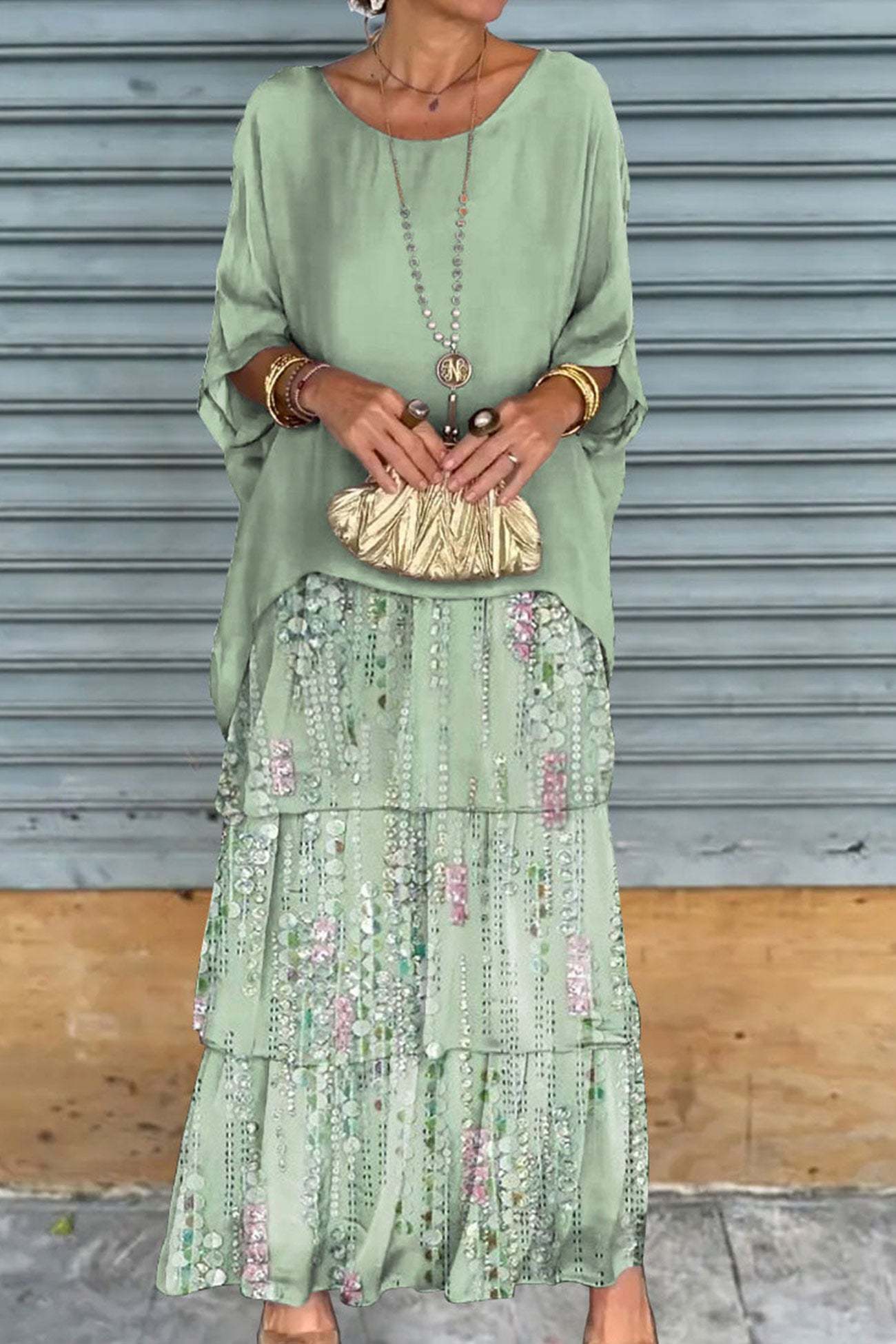 Chiffon Bat Sleeve Tops Tiered Skirt Suits