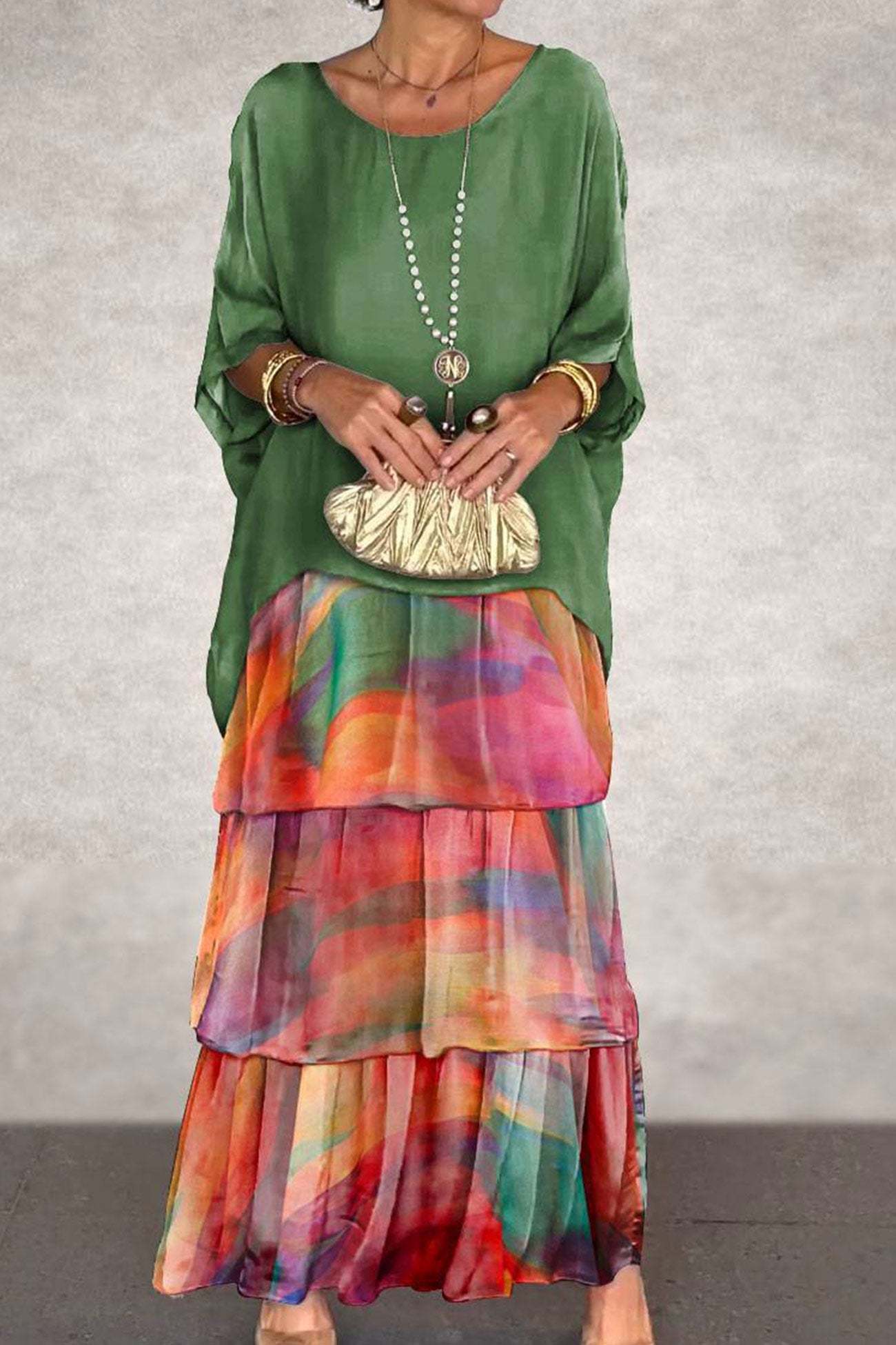 Chiffon Bat Sleeve Tops Tiered Skirt Suits