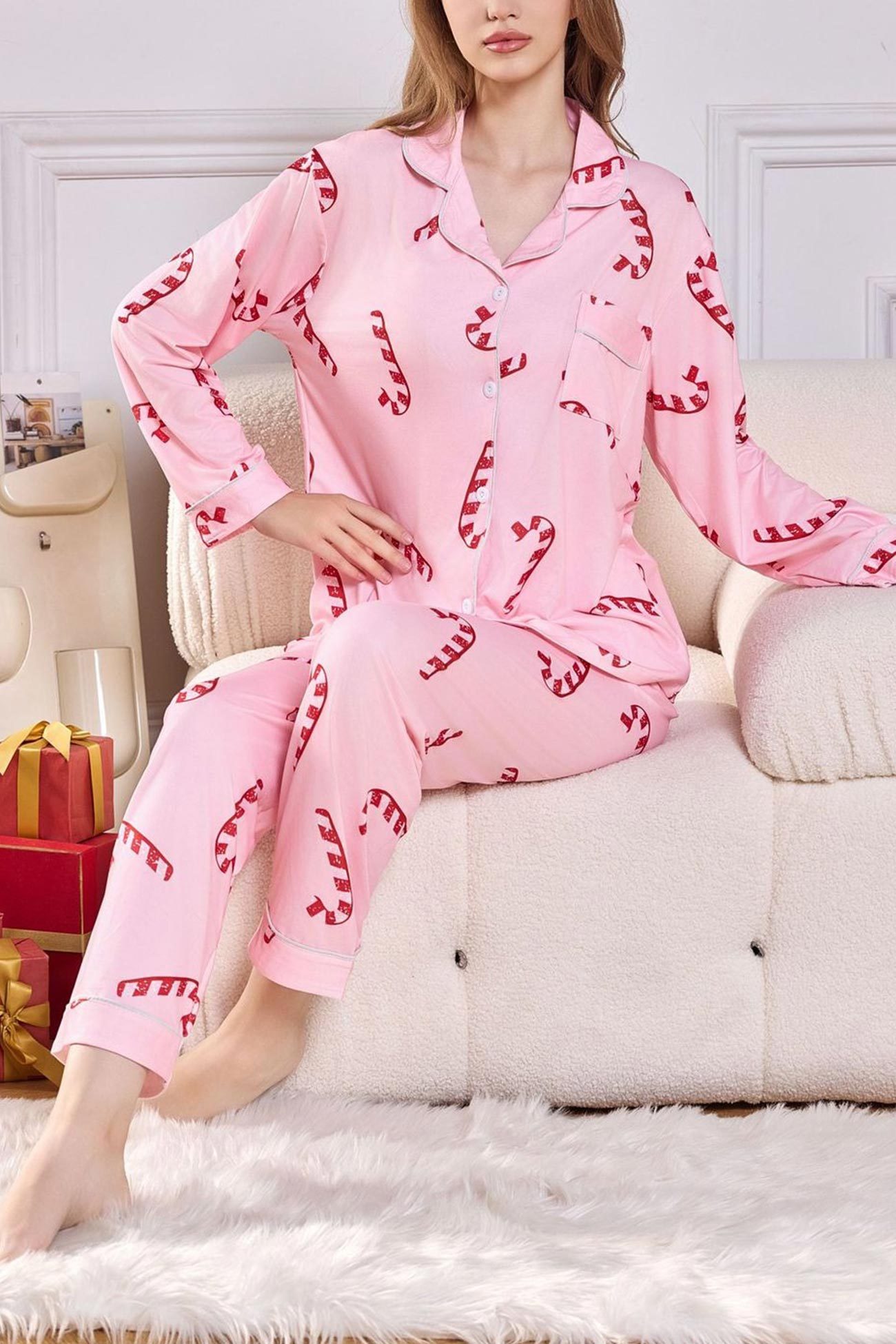 Christmas Print Lapel Long Sleeve Loungewear