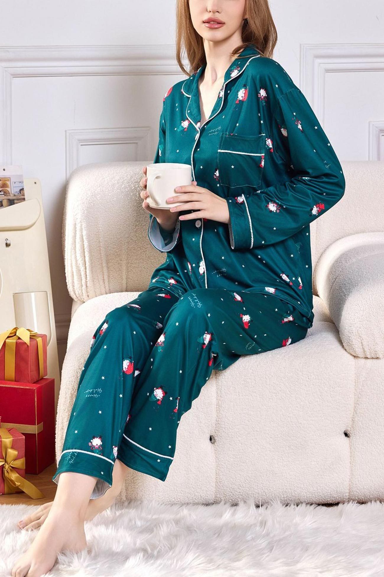 Christmas Print Lapel Long Sleeve Loungewear