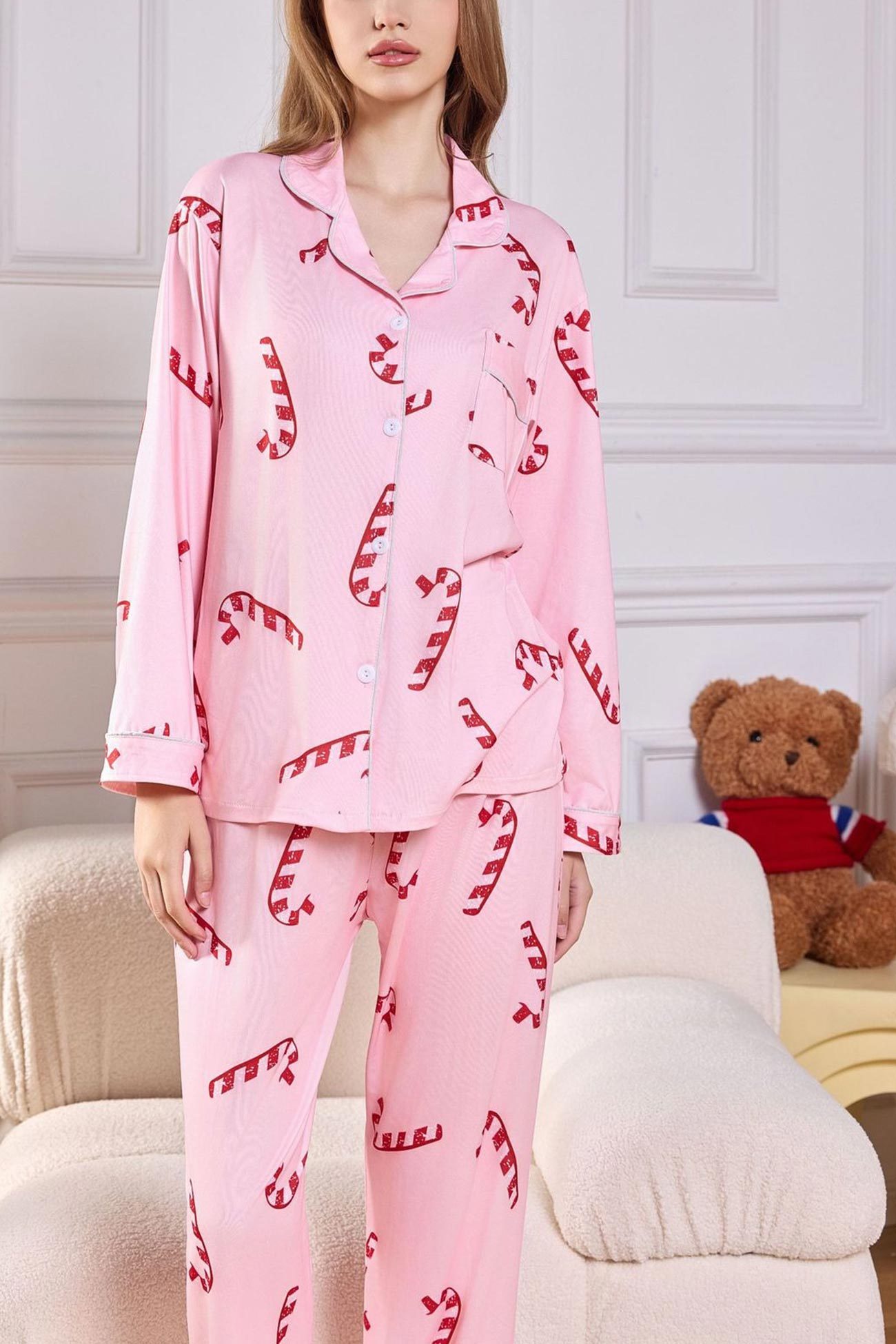 Christmas Print Lapel Long Sleeve Loungewear