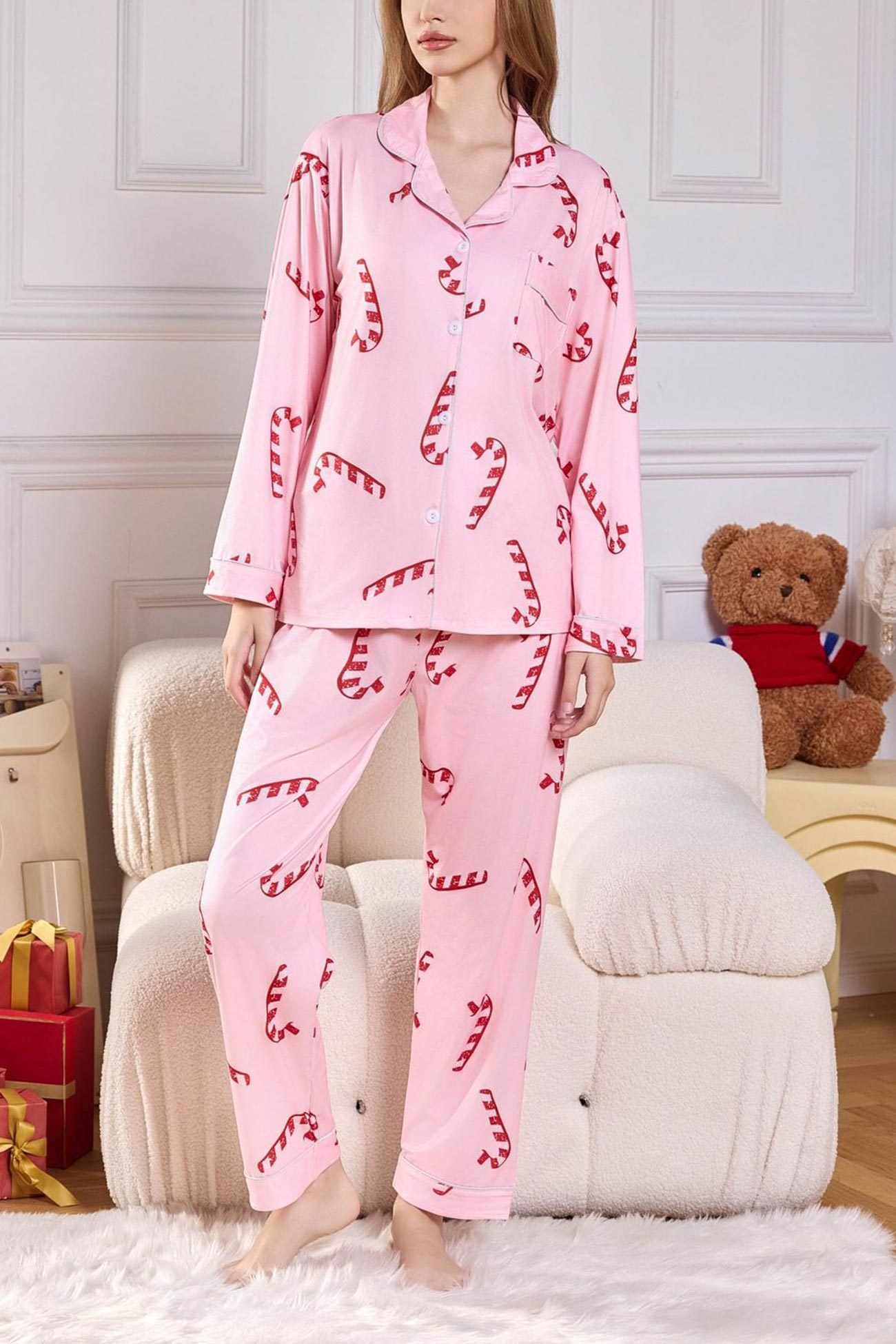 Christmas Print Lapel Long Sleeve Loungewear