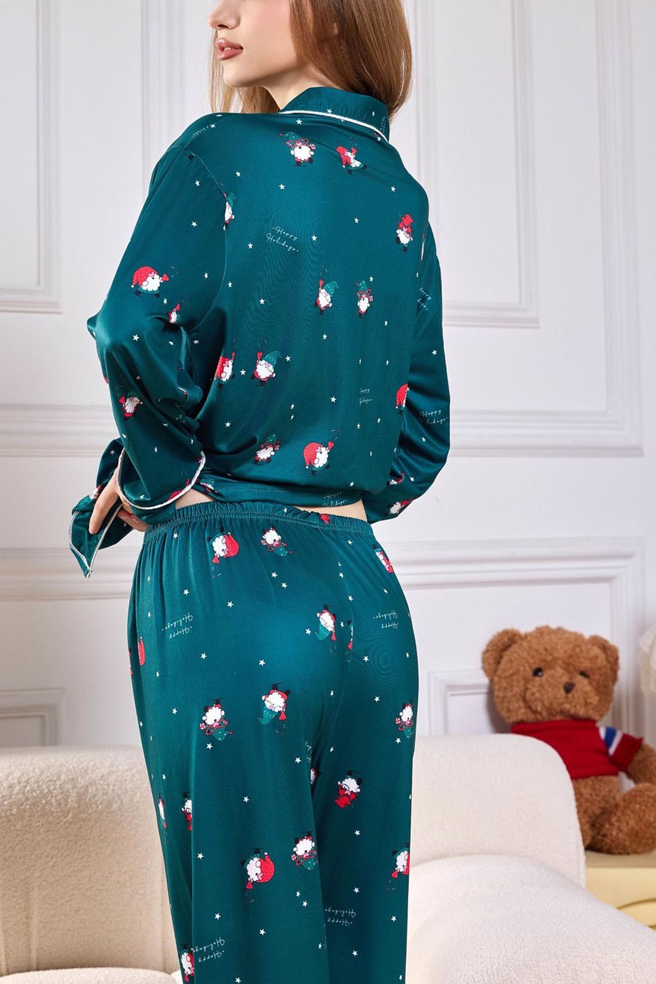 Christmas Print Lapel Long Sleeve Loungewear