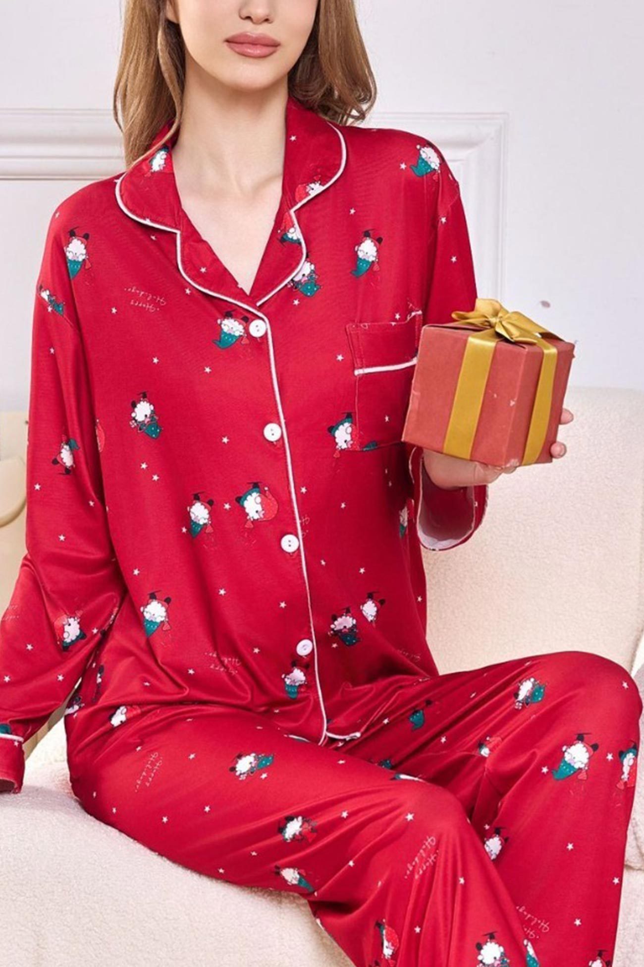Christmas Print Lapel Long Sleeve Loungewear