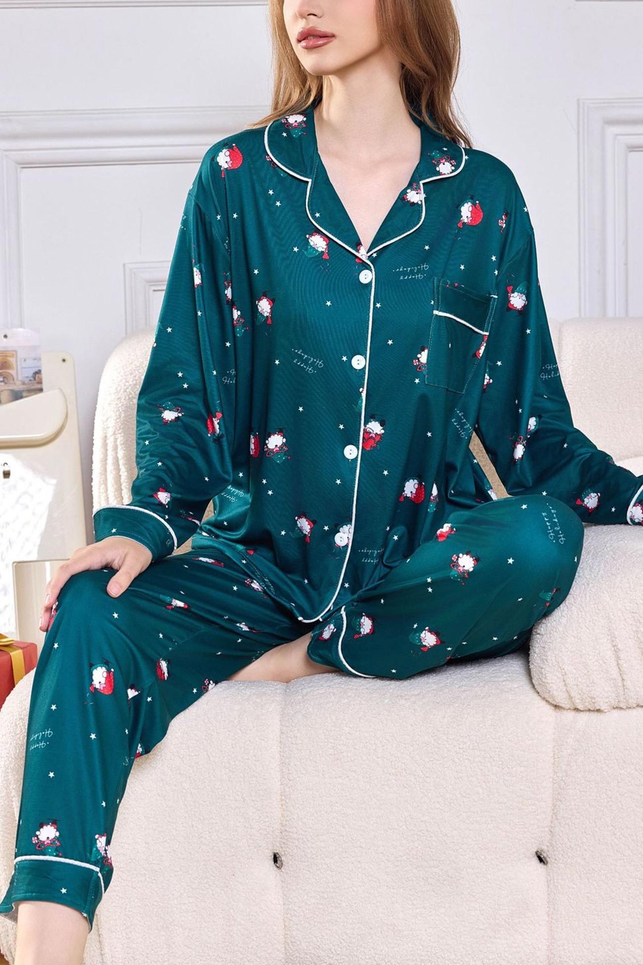 Christmas Print Lapel Long Sleeve Loungewear