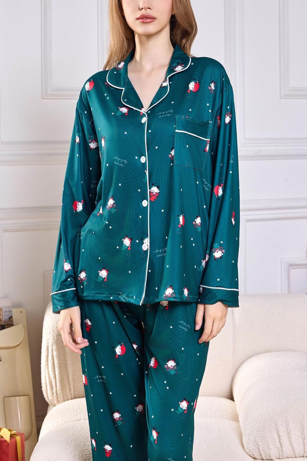 Christmas Print Lapel Long Sleeve Loungewear
