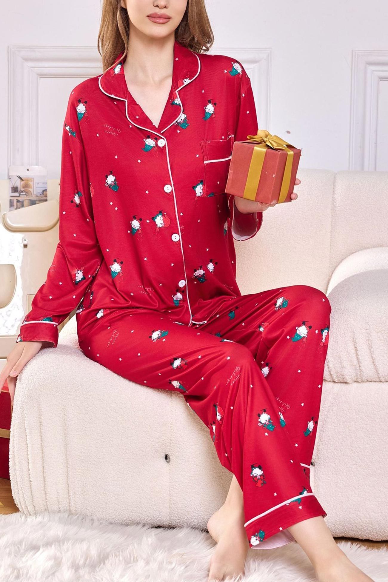 Christmas Print Lapel Long Sleeve Loungewear