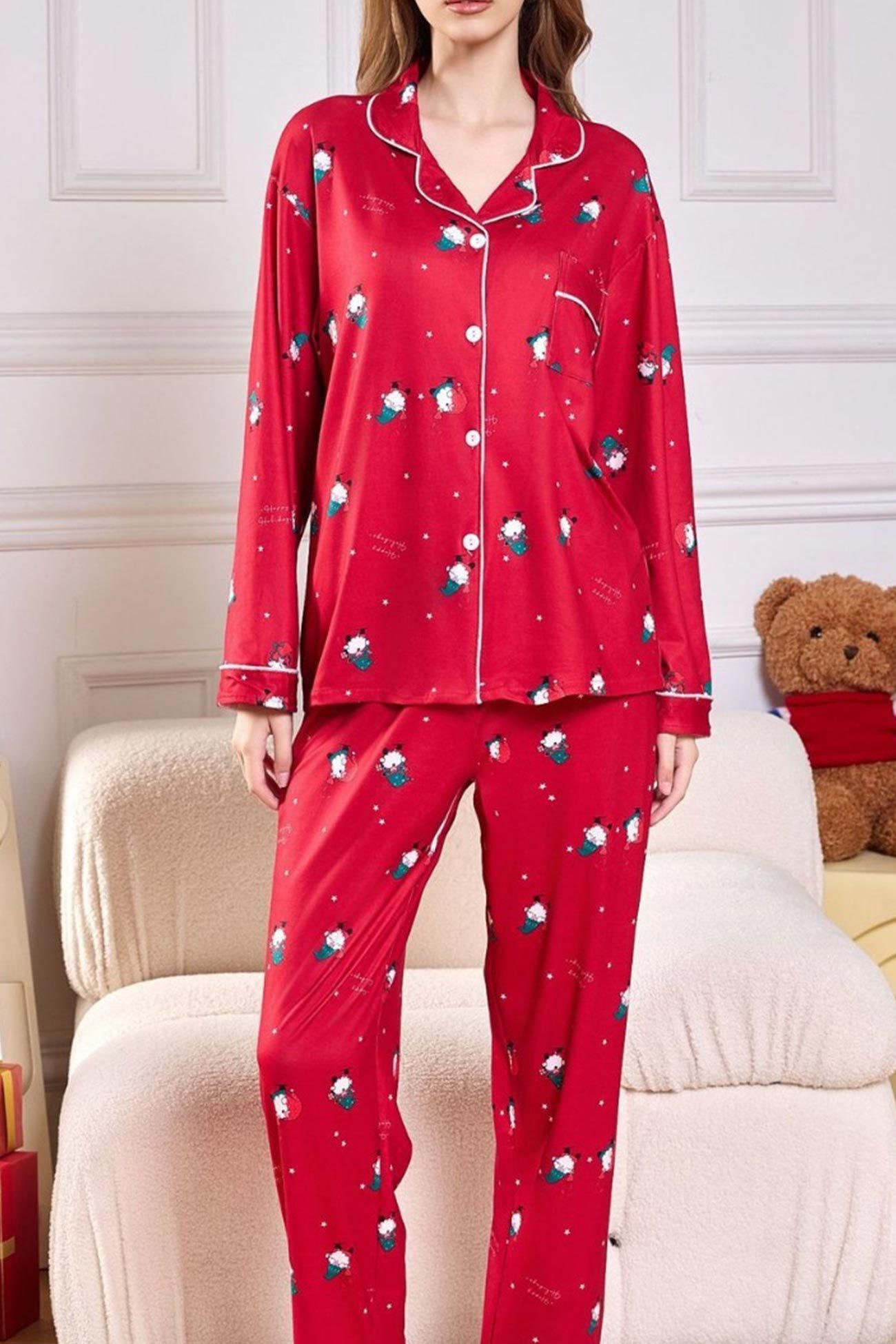 Christmas Print Lapel Long Sleeve Loungewear