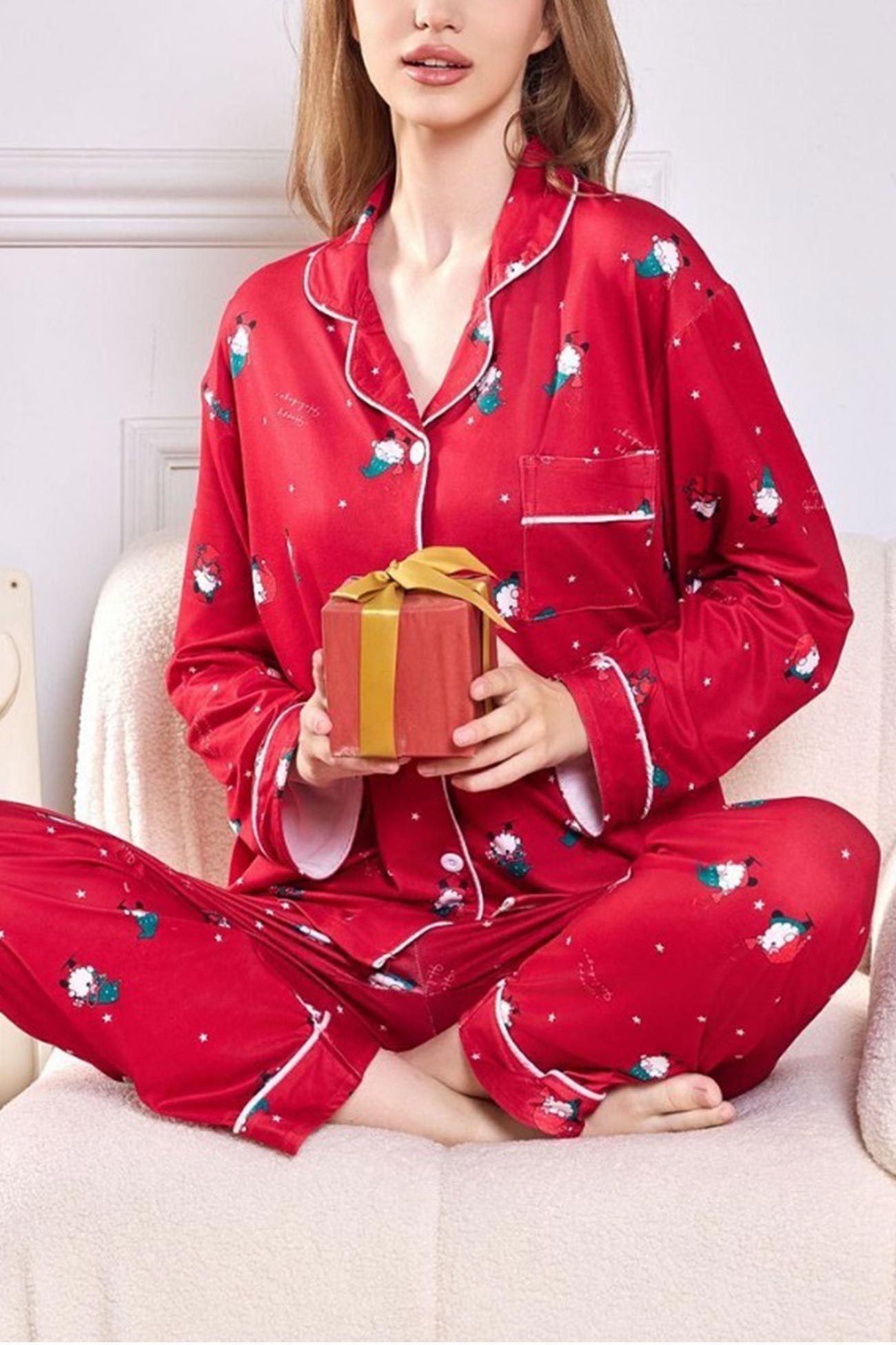 Christmas Print Lapel Long Sleeve Loungewear