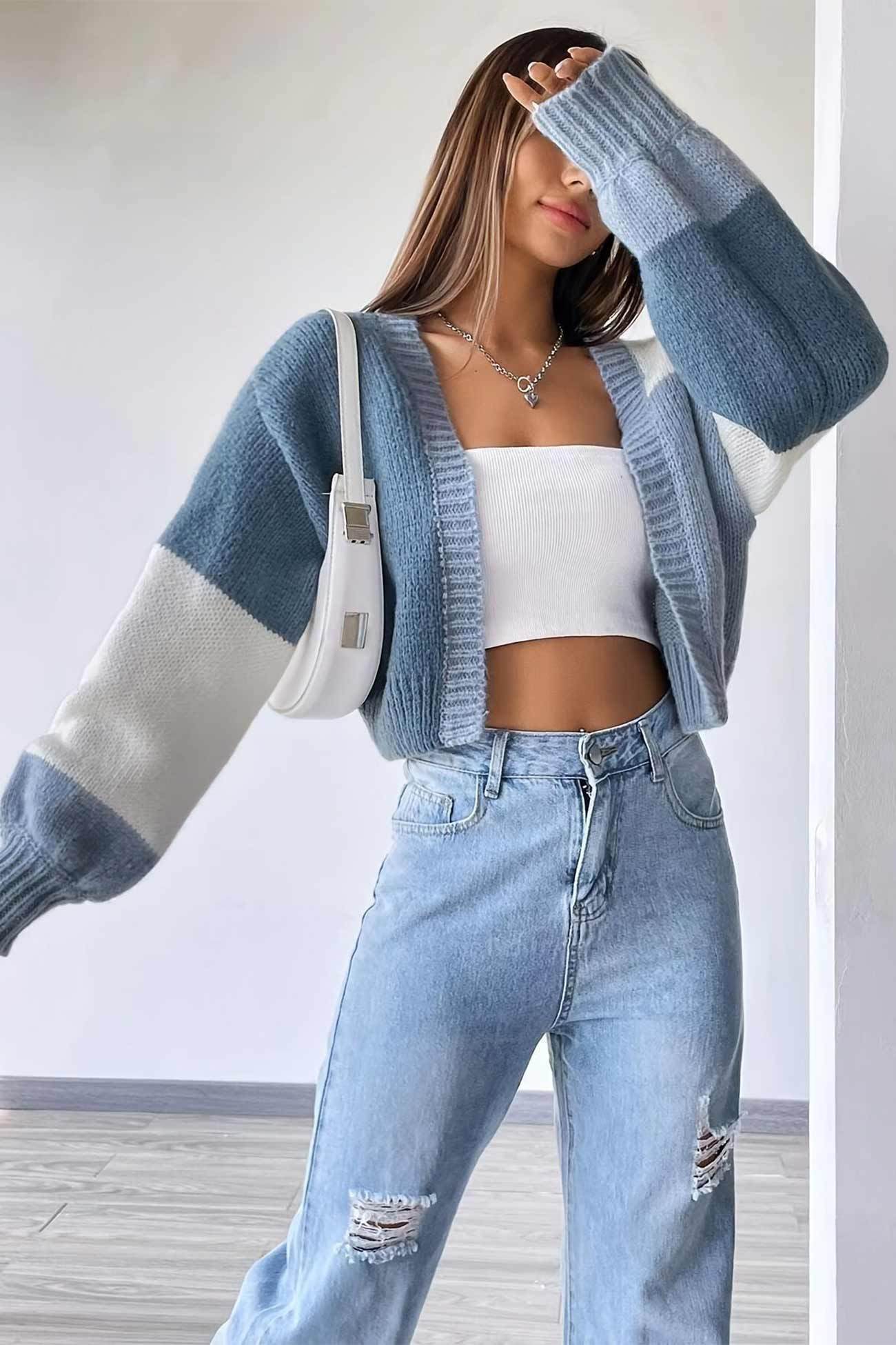 Colorblock Open Front Long Sleeve Cardigan