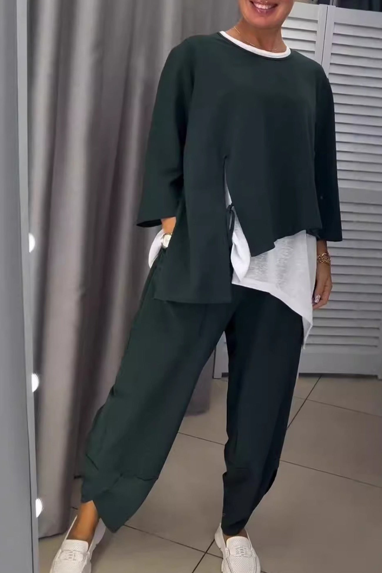 Contrast Color Tie-up Fake Two-Piece Outfit
