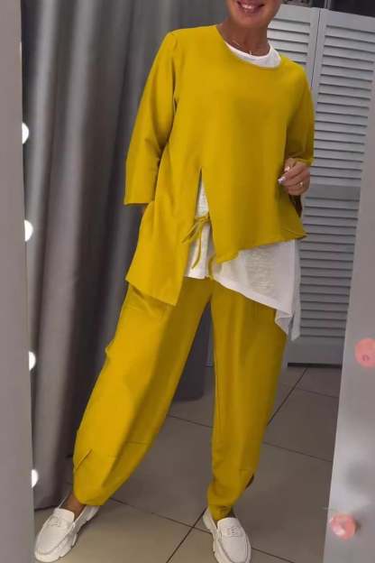 Contrast Color Tie-up Fake Two-Piece Outfit
