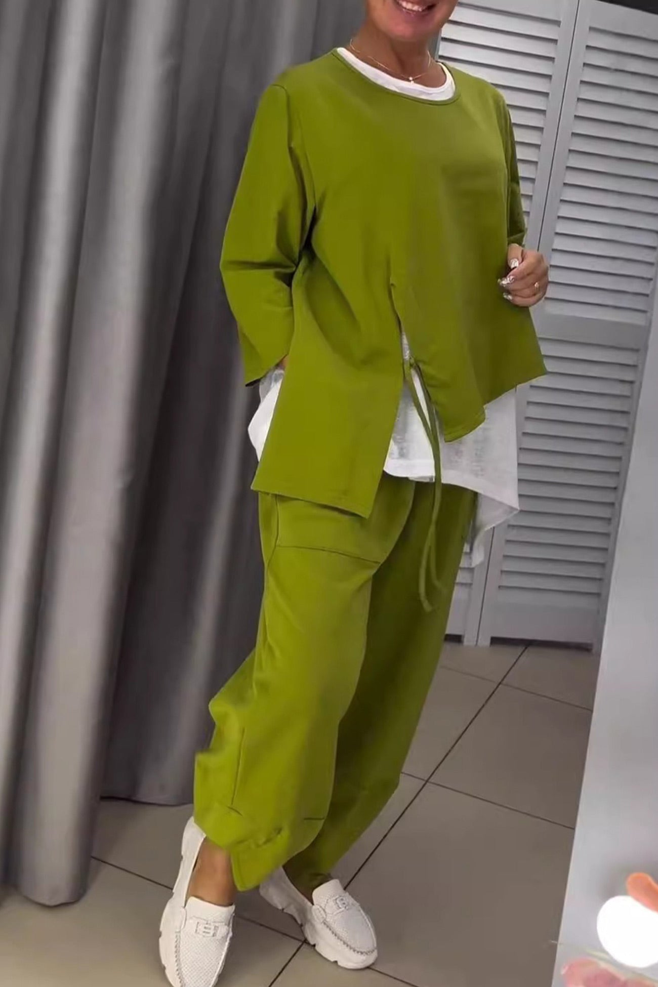 Contrast Color Tie-up Fake Two-Piece Outfit