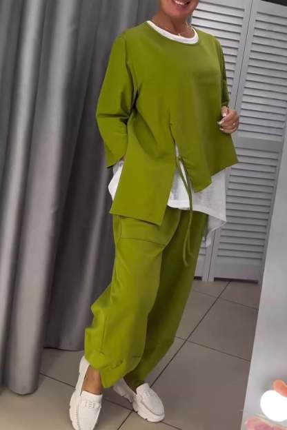 Contrast Color Tie-up Fake Two-Piece Outfit