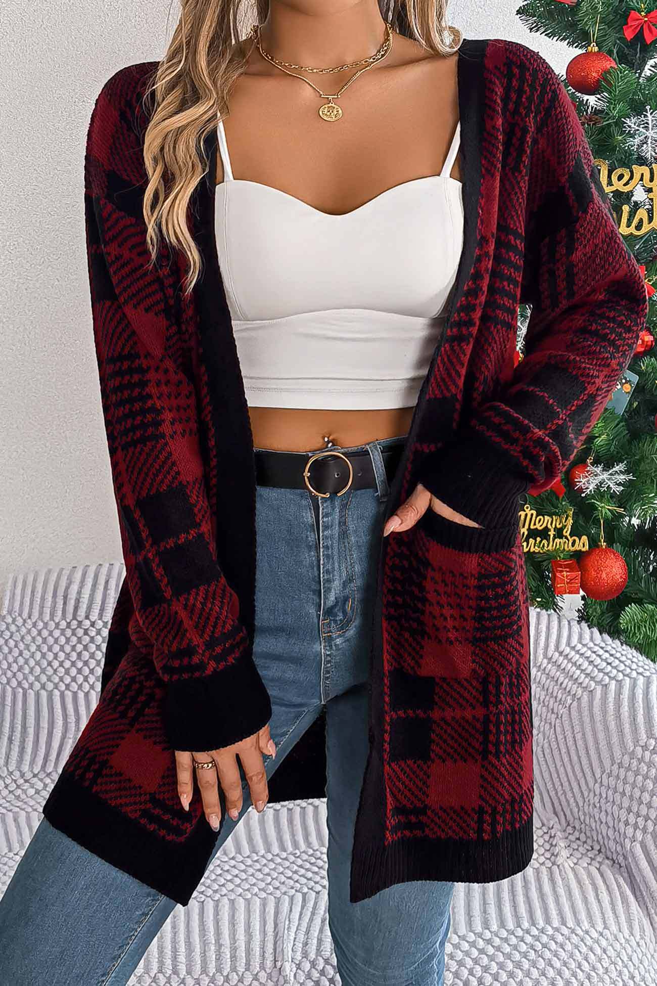 Contrast Plaid Open Front Cardigan